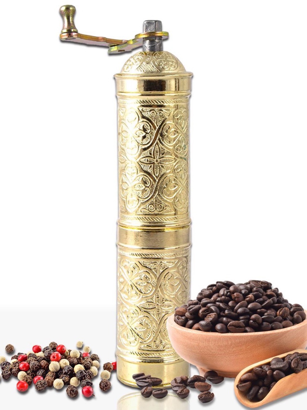 Handmade Turkish Coffee Grinder: Adjustable Brass Spice Mill 22 cm